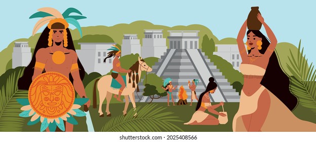 Maya civilization with mayan natives on background with ancient pyramid buildings and green trees flat vector illustration