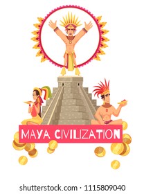 Maya civilization people and ancient teotihuacan pyramid on white background cartoon vector illustration