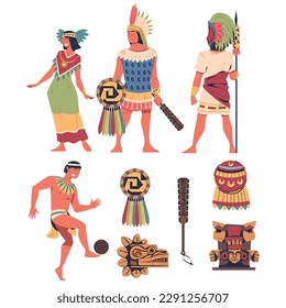 Maya civilization people and artifacts set. Aztec cultural objects cartoon vector illustration