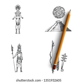 Maya civilization - Maya people, tools and pyramid vector concept set. Hand drawn sketch isolated illustration