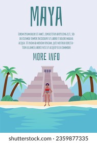 Cartel de la civilización maya con texto, ilustración vectorial plana. Mujer maya vestida con ropa tradicional de pie en la playa. Invitación al museo o publicidad. Cultura y tradiciones de la civilización antigua.