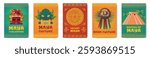 Maya civilization posters. Mayan aztec inca culture cover with text, mexico ancient prehistoric tribe culture religion ritual cartoon wallpaper design, swanky vector illustration