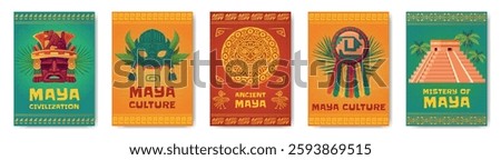 Maya civilization posters. Mayan aztec inca culture cover with text, mexico ancient prehistoric tribe culture religion ritual cartoon wallpaper design, swanky vector illustration