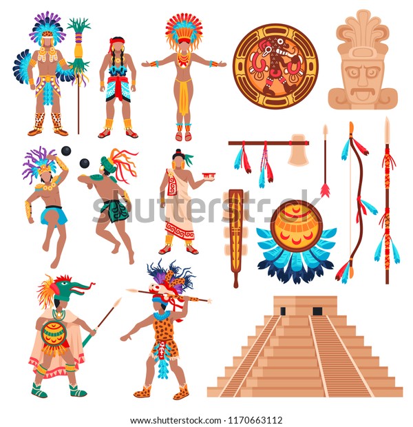 Maya civilization set of isolated ethnic\
items idols and human characters elements of american tribal\
culture vector\
illustration
