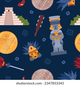 Símbolos de la civilización maya, patrón sin fisuras en estilo plano de caricatura, ilustración vectorial. Monedas de oro, medallones, estatua de dios o ídolo y tótem. Historia y cultura antiguas.