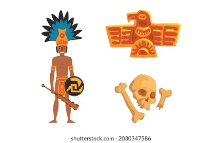 Maya Civilization Symbols Set, American Tribal Culture Signs Cartoon Vector Illustration