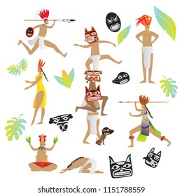 Maya civilization vector illustration collection set. Native tribal people with tropical masks and cultural peculiarity. Authentic warriors with spades and shields. Decorated face and heritage symbols