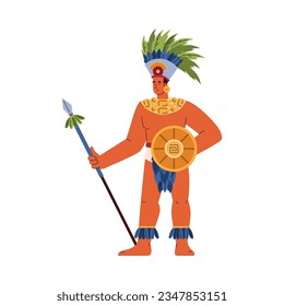 Maya civilization warrior with shield and spear, flat vector illustration isolated on white background. Man wearing traditional clothes with ethnic symbols. Ancient history and culture.