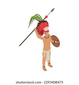 Maya civilization warrior with spear and shield 3d isometric vector illustration