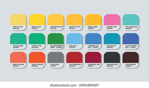Paleta de colores maya, Paleta de guías de colores maya con nombres de colores. Catálogo Muestras del arco iris chino con los códigos y nombres de RGB HEX. Vector de la paleta de los Colores múltiples de Maya, paleta del color del arco iris de la moda