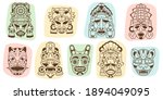 Maya culture masks. Ethnic Indian American inca native elements, ancient aztec rituals idols, religion tribal decorative symbols. Vector set
