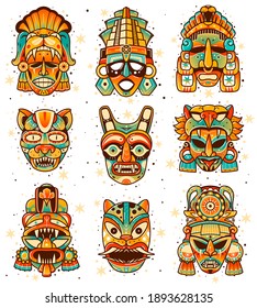 Maya culture masks. Ethnic Indian American inca native elements, ancient aztec rituals idols, religion tribal decorative symbols. Vector set