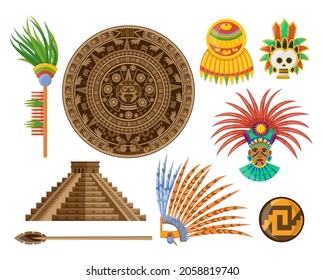 Maya elements cartoon vector illustration set. Icons of ancient pyramid, Aztec calendar, eagle feather masks and stone. Ethnic culture, Mexico art, Inca idol, Chichen Itza artifact concept