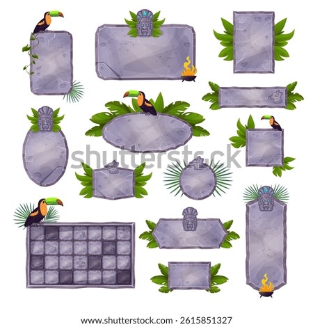 Maya game interface. Stone walls with maya aztec totems signs, gaming ui rock tablet square block jungle temple board ancient ruins background, cartoon swanky vector illustration original artwork