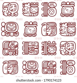 	
Maya glyphs, Mayan writing system vector seamless pattern - tribal art.  
Mayan hieroglyphic script repetitive design in brown on white backround, textile or wallpaper design