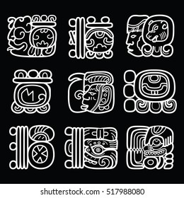 Maya glyphs, writing system and language vector design on black background