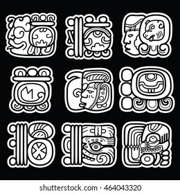 Maya glyphs, writing system and languge vector design  on black background