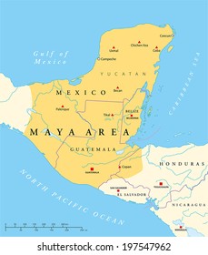 Maya High Culture Area Map - Maya Zivilisation in Mesoamerica. Politische Karte mit Hauptstädten, nationalen Grenzen, wichtigen alten Städten, Flüssen und Seen. Vektorgrafik mit englischer Kennzeichnung und Skalierung.