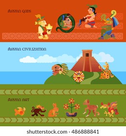 Maya horizontal banners set with gods civilization and art symbols flat isolated vector illustration 