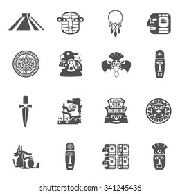 Maya icons black set with traditional mexican indian culture symbols isolated vector illustration