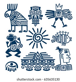 Maya or inca style blue linear totem icons. Aztec ancient symbols isolated on white background.