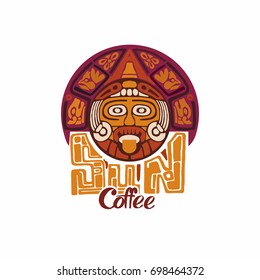 Maya or inca style logo Sun Coffee. Aztec ancient symbols isolated on white background.