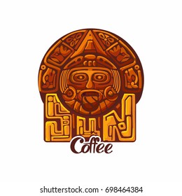 Maya Or Inca Style Logo Sun Coffee. Aztec Ancient Symbols Isolated On White Background.