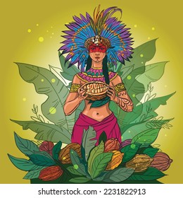 A Maya Indian girl with a cocoa bean in her hands against a background of vegetation in a national costume