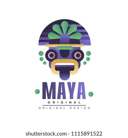 Maya Logo Original Design, Emblem With Ethnic Mask, Aztec Sign Vector Illustration On A White Background