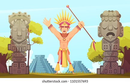 Maya man performing ritual on background with teotihuacan pyramids cartoon vector illustration