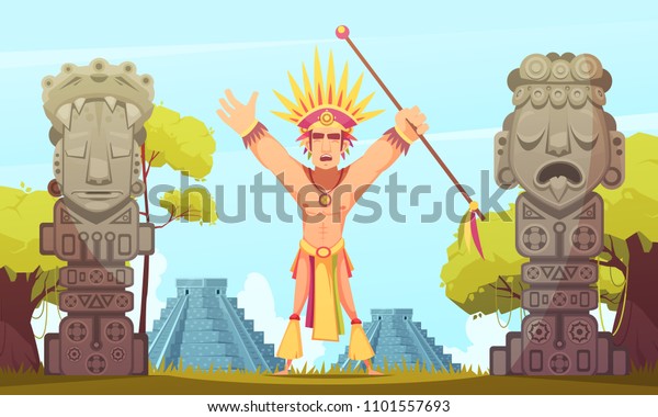 テオティワカンのピラミッドの漫画ベクターイラストを使って 背景に儀式を行うマヤ人 のベクター画像素材 ロイヤリティフリー