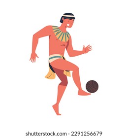 Maya man in traditional costume and headdress performing playing with ball cartoon vector illustration