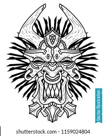 Maya mask, tiki bar vector mask. Black and white shaman mask in tribal style. Hawaiian mask of the priest. Print for tshirt, tee graphics, vinyl stickers. Vector illustration on white background.