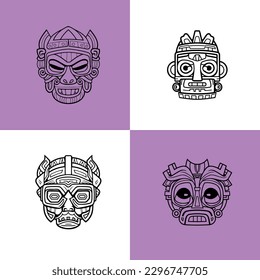 Maya Mask Vector Cartoon Style, Vector Line Art, Icon Design, Coloring page Simple Mascot, Set of black and white vector illustrations