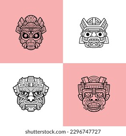 Maya Mask Vector Cartoon Style, Vector Line Art, Icon Design, Coloring page Simple Mascot, Set of black and white vector illustrations