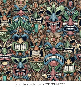 Maya masks seamless pattern colorful with faces of ritual idols made wood for traditions indigenous peoples of America vector illustration