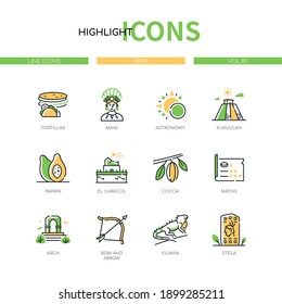 Maya - moderne Design-Stil-Symbole gesetzt. Maya-Kultur, Kunst und Handwerk, religiöse Zeichen und Symbole, Geschichte Idee. Tortillas, Person, Astronomie, Kukulcan, Papaya, Mathematik, Bogen, Leguana, Stela-Bilder