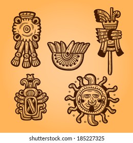 Maya objects. Retro style. Engraving. Maya designs. Maya design elements.