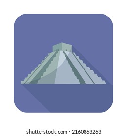 Maya pyramid Chichen Itza flat icon with long shadow. flat blue square icon concept. flat vector symbol, sign, outline illustration.