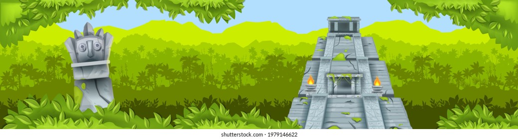 Maya pyramid jungle vector background, ancient Aztec temple ruin, tropical rainforest silhouette, totem. Old civilization travel illustration, Mexico landmark banner. Maya pyramid, green bushes, palms