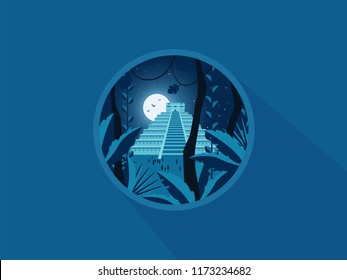 Maya pyramid old mexican stone ruin. Vector flat illustration. Icon.