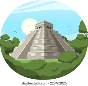 Maya Pyramid Old Mexican Stone Ruin, vector illustration cartoon.