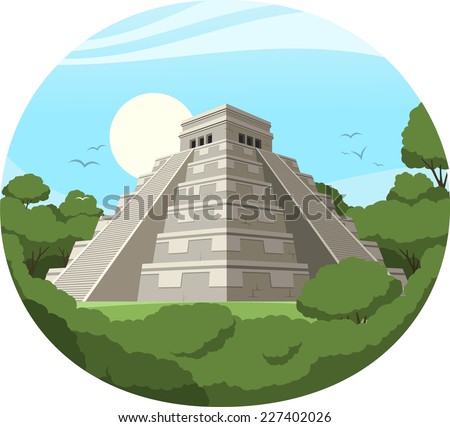 Maya Pyramid Old Mexican Stone Ruin, vector illustration cartoon.