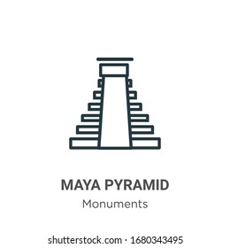 Maya pyramid outline vector icon. Thin line black maya pyramid icon, flat vector simple element illustration from editable monuments concept isolated stroke on white background