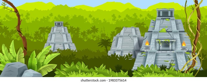 Maya pyramid vector illustration, ancient Mexico stone Aztec temple, green jungle landscape, liana. Old civilization ruin, travel landmark background, palm rainforest silhouette. Maya pyramid banner svg