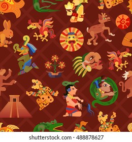 Maya seamless pattern with culture and people symbols flat vector illustration