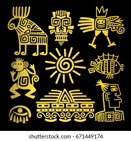 Maya style gold linear totem icons, vector illustration