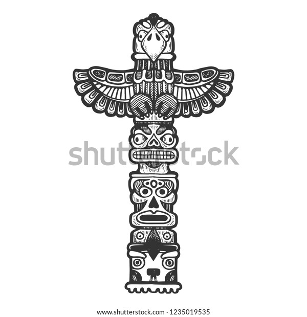 Maya totem religious symbol of ancient\
civilization engraving vector illustration. Scratch board style\
imitation. Black and white hand drawn\
image.