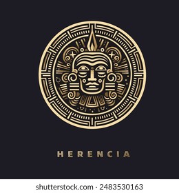 Maya traditional golden stone ornament mask vector logo. Aztec culture face illustration design isolated on background, symbol of mexican ancient religion icon art