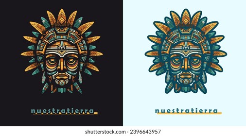 Maya traditional mask vector logo. Aztec culture face illustration design isolated on background, symbol of mexican ancient religion icon art
